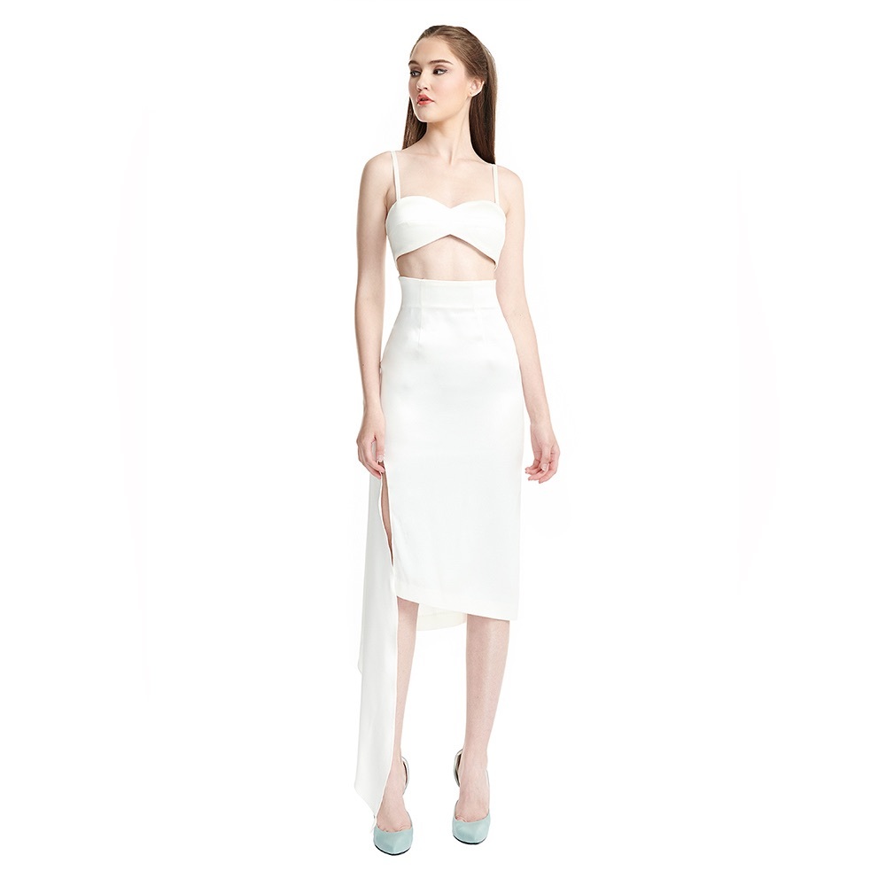 White Midi Cutout Dress with Asymmetric Draped Panel